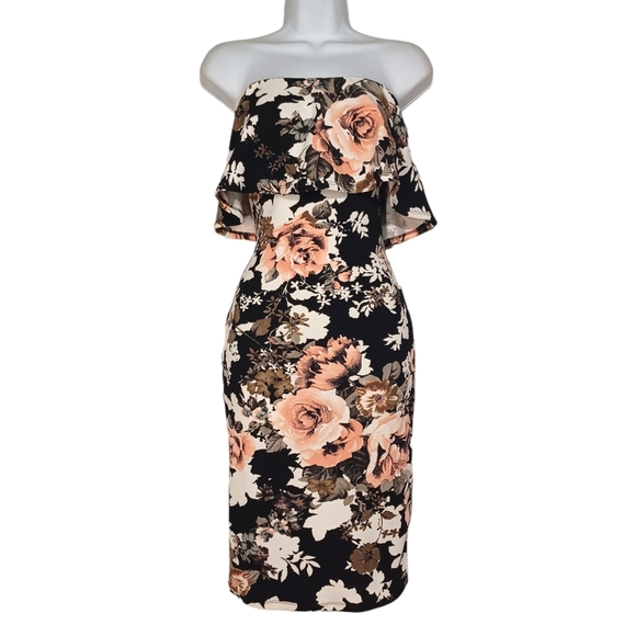 FOREVER 21 Pink White Floral Print Strapless Ruffle Overlay Bodycon Midi Dress M - Picture 2 of 9